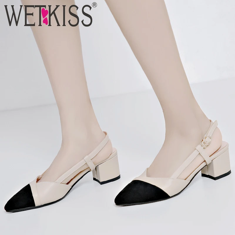 

WETKISS High Heels Sandals Women 2019 New Summer Sandals Stitching Slingback Shoes Female Fashion Office Pointed Toe Shoes Lady