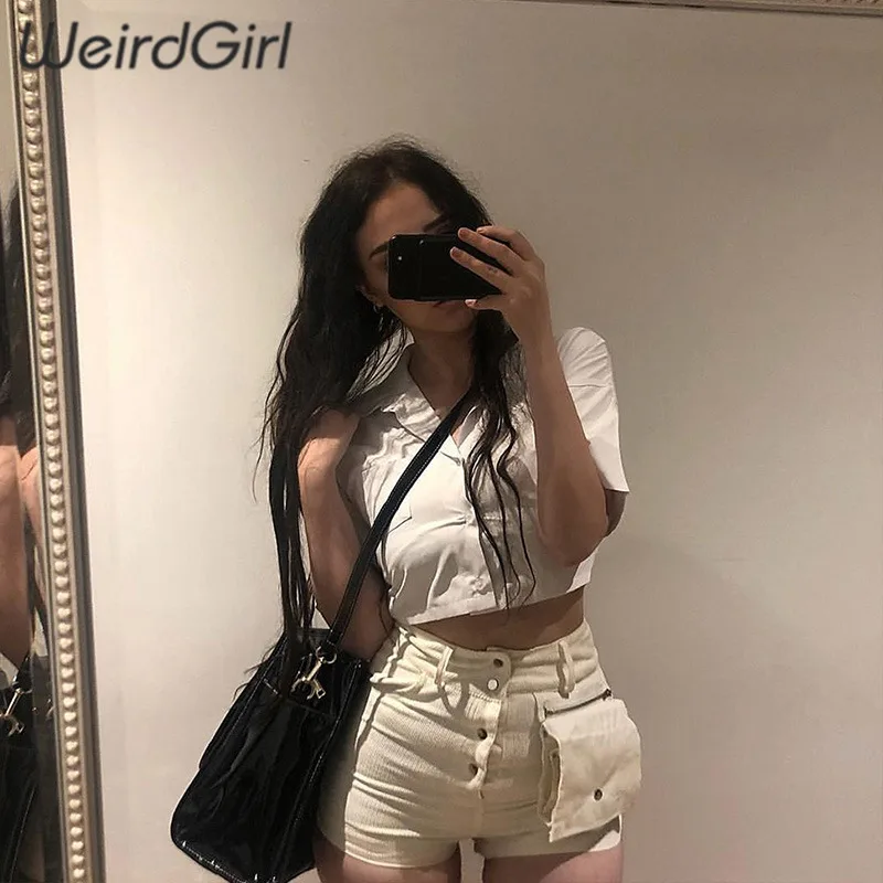 

Weirdgirl women shorts casual fashion high waist elastic skinny solid white button bag summer trousers lady Straight mini jean