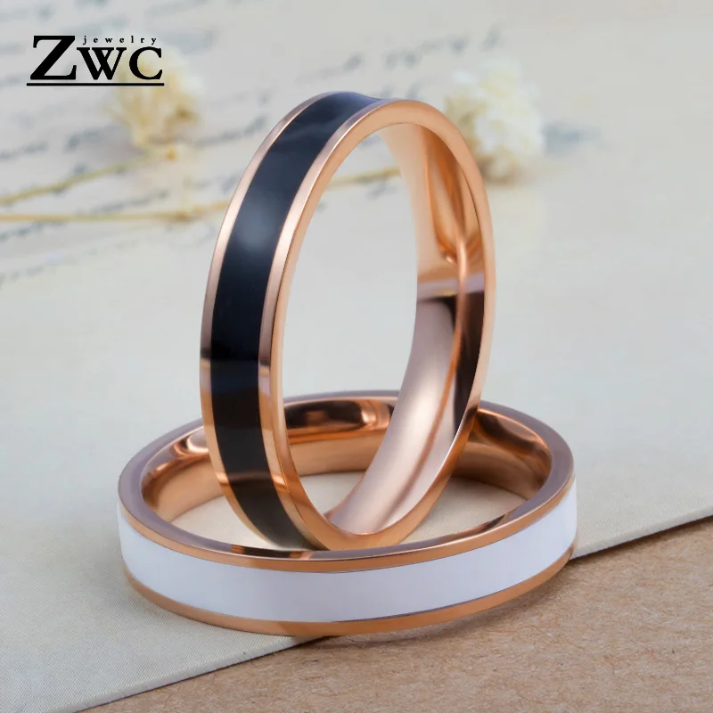 

ZWC Fashion Charm Black White Ceramic Titanium Steel Rose Gold Ring for Women Men Party Wedding Romance Temperament Ring Jewelry