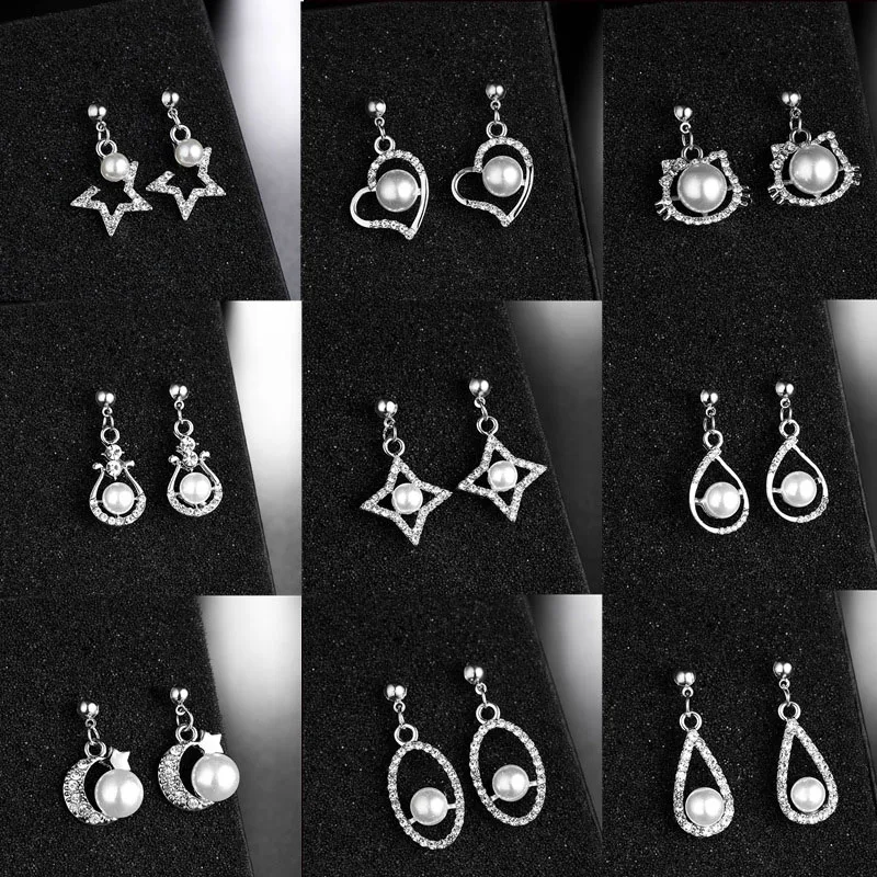 

New Korean Style Crystal Pearl Earrings for Women Wedding Party Cute Silver Heart Star Stud Earrings Geometric Statement Earings