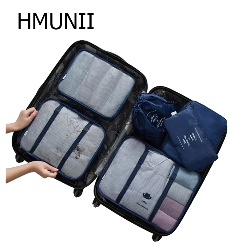 HMUNII العلامة التجارية 6 قطعة/المجموعة بوليستر عالي الجودة السفر شبكة حقيبة الأمتعة المنظم التعبئة مكعب المنظم السفر أكياس حقيبة HM-03