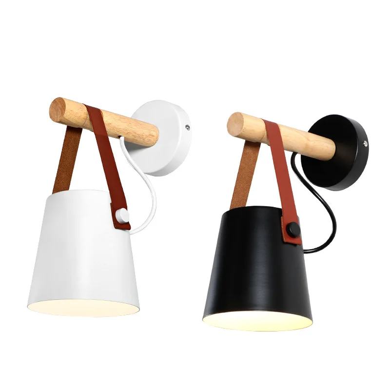 

LED Wall Light Wood Wall Lamp Bed Bedside Light Night Lights Modern Nordic Lampshade Home Decor White & Black Belt E27 85-265V
