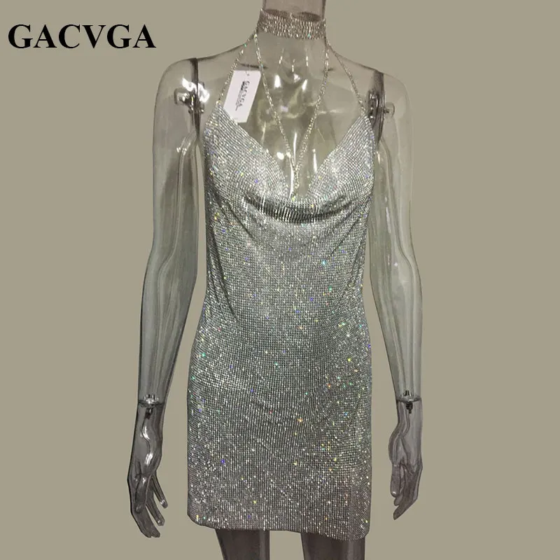 GACVGA 2017 Crystal Metal Halter Shining Summer Dress Women Beach Dress Sequin Mini Sexy Party Dresses