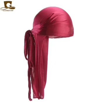 

30pcs/lot Durag silk Long Tail Scarf Cap Men's Satin Durags Bandanna Turban Wigs Men Silky Durag Headwear Pirate Hat 13 colors