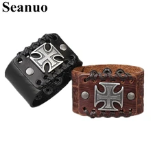 Seanuo Charm Big Cross Leather Bracelet For Men Fashion Wide Rope Braided Punk Rock Male Wrap Bracelet Men’s Biker Cuff Bracelet