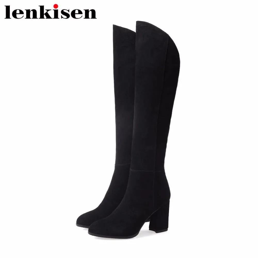 

Lenkisen hot sale cow suede round toe strange high heels high fashion office lady sexy woman winter luxury knee-high boots L59