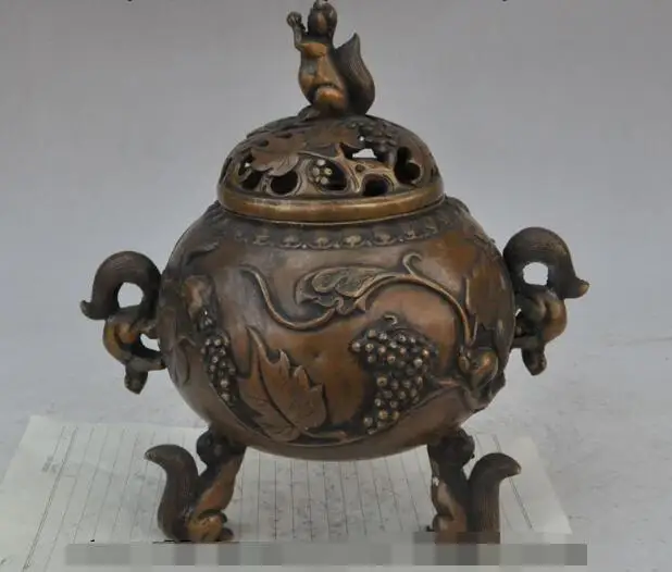 

song voge gem S6887 9"old chinese fengshui bronze Grapes Squirrel lucky statue Incense Burner censer