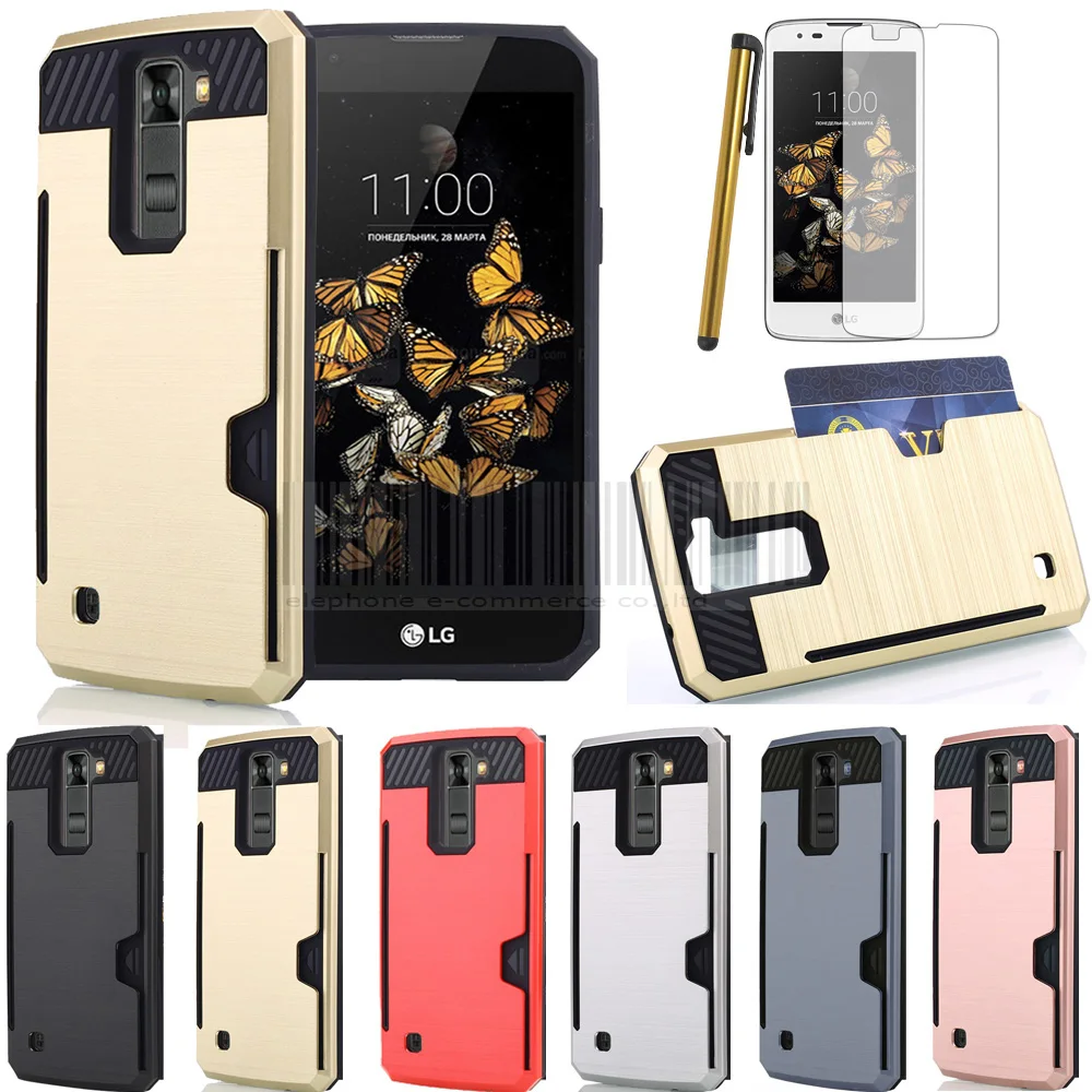 Anti-shock PC+Rubber Brush Card holder Hard Case Cover Fundas With Films+Stylus For LG K8 K350 K350E K350N/Escape 3/Phoenix 2 | Мобильные
