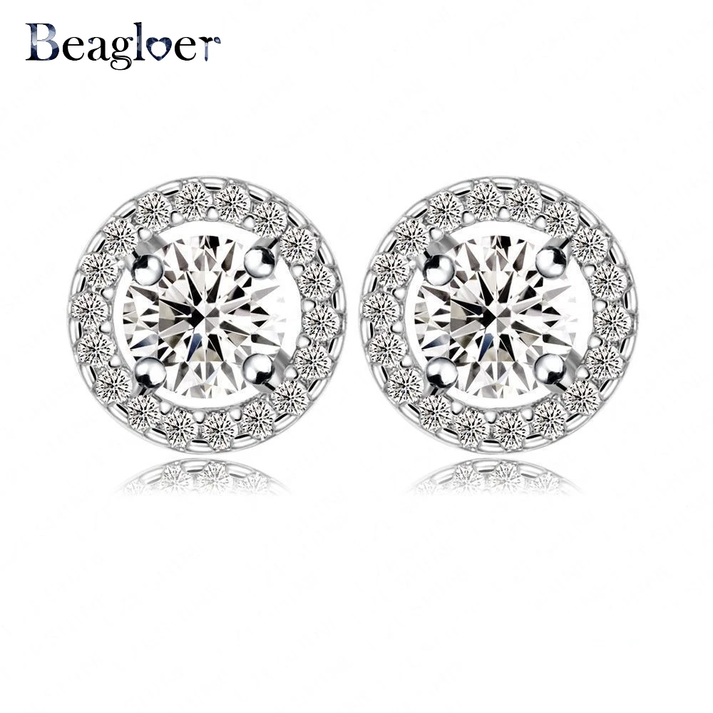 Beagloer Brand Luxury Round Stud Earrings Hearts & Arrows Cut Top