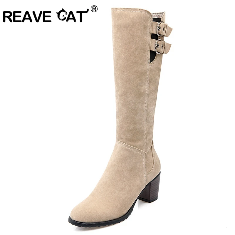 

REAVE CAT NEW Scrub Leather Women Boots Knee Boots Zipper Thick Heel High Heels Women Shoes Botas Big Size 34-43 Round toe A1269