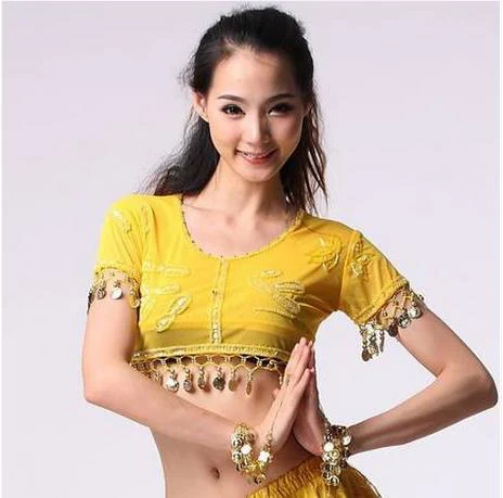 

New arrival mesh and gold coins belly dance top momen short sleeves belly dance tops sexy top 9 colors