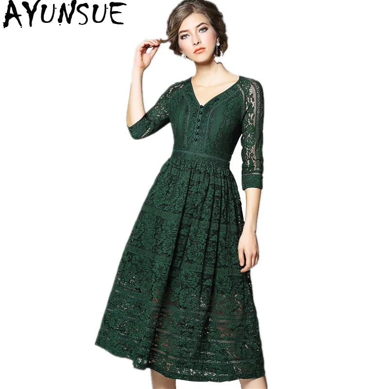 

AYUNSUE Spring Autumn Lace Dress Female 2019 Elegant Hollow Out Black Red Party Dresses For Women A-line Vintage Vestido WYQ1107