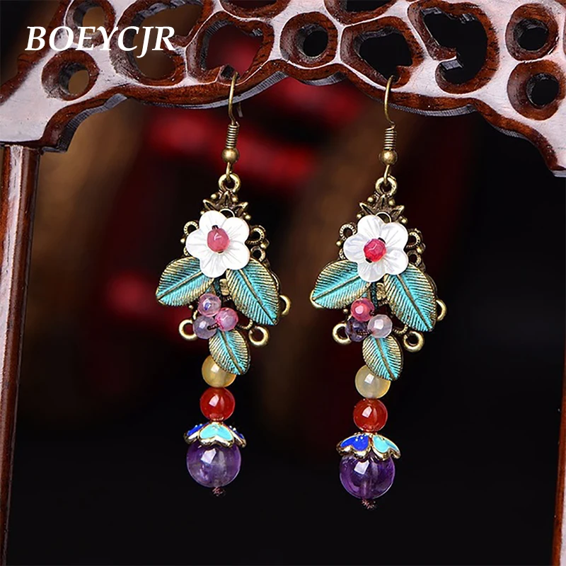 

BOEYCJR Ethnic Vintage Alloy Shell Flower Stone Bead Dangle Jewelry Elegant Drop Hook Earrings For Women Gift 2019