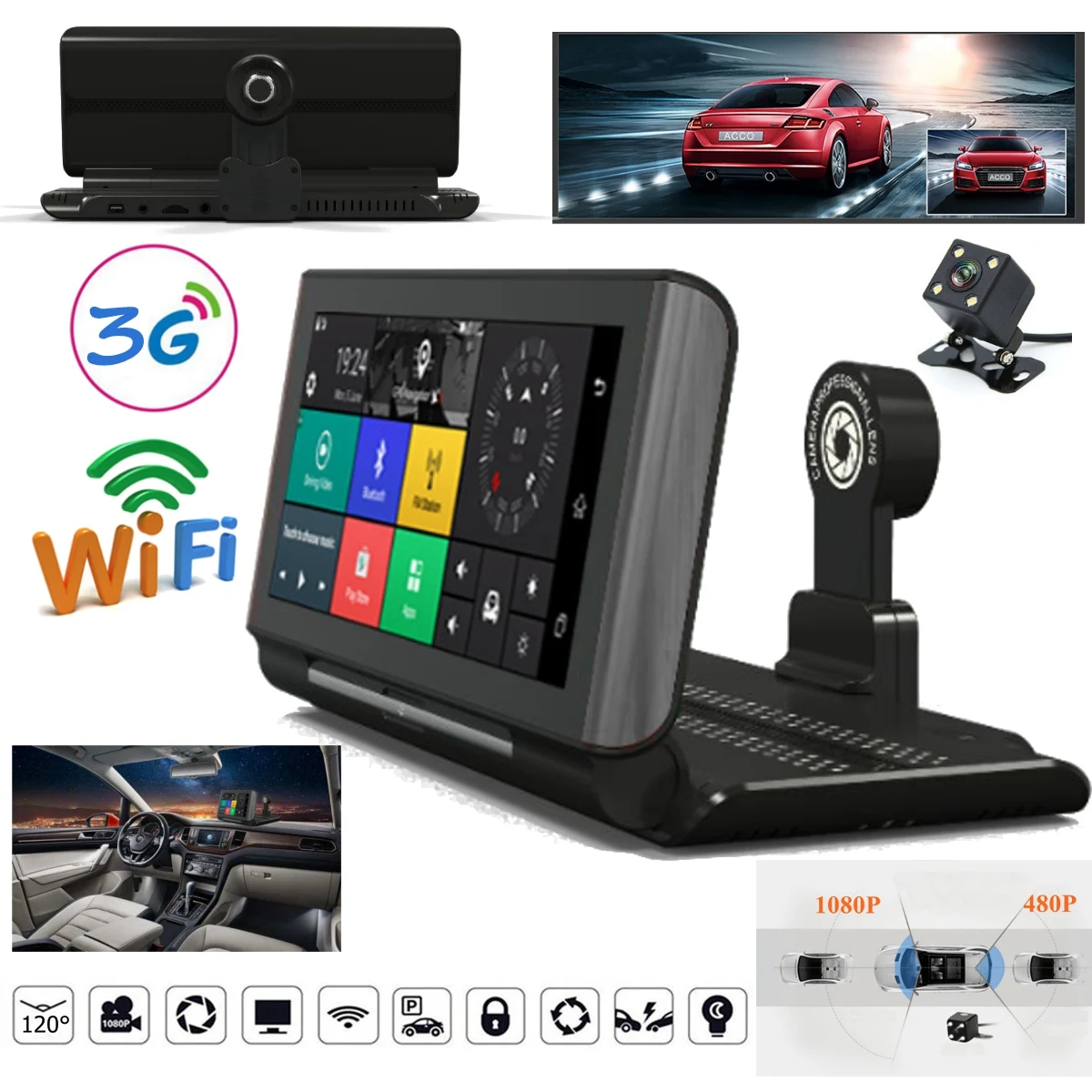 

1080p 7IncTouch Screen Wifi Car DVR Camera Camcorder Dual Cams Dash Recorder Rearview G-sensor+ 3G GPS Navigation + Car Charger