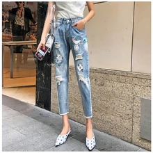 Рваные джинсы с вышивкой Женские до щиколотки свободные джинсы прямые женские светло-голубые брюки вареные повседневные Китай