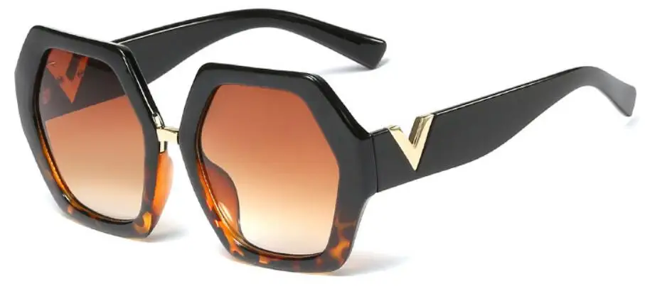 Новые Красные солнцезащитные очки дизайнерские металлические V украшения Солнцезащитные очки для женщин Роскошные брендовые шестигранные Солнцезащитные очки женские очки UV400 - Цвет линз: C9 black leopard tea