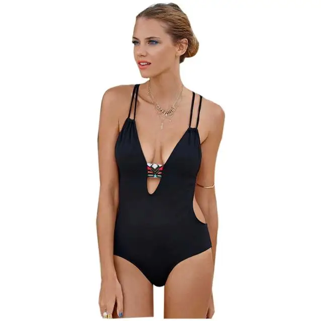 

Swimwear Women Black Solid One Piece Swimsuit Women Deep V-Neck Swimwear Womens One Piece Hollow Out Sexy Swimsuit Womens 2019
