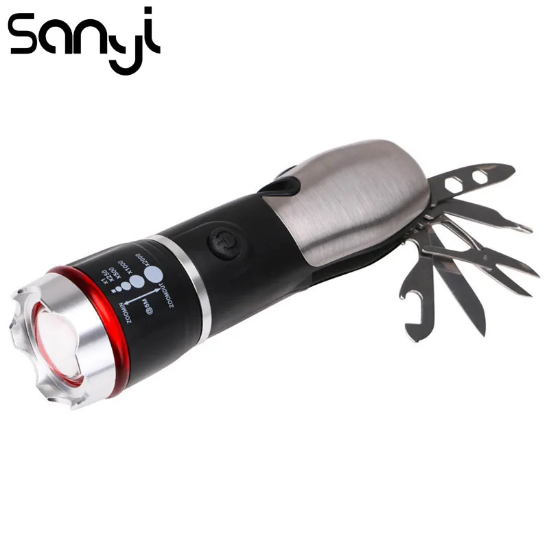 

SANYI LED Flashlight Torch Multi-tool Lantern for Hunting Camping Zoomable Emergency Portable Light Seat Belt Cutter