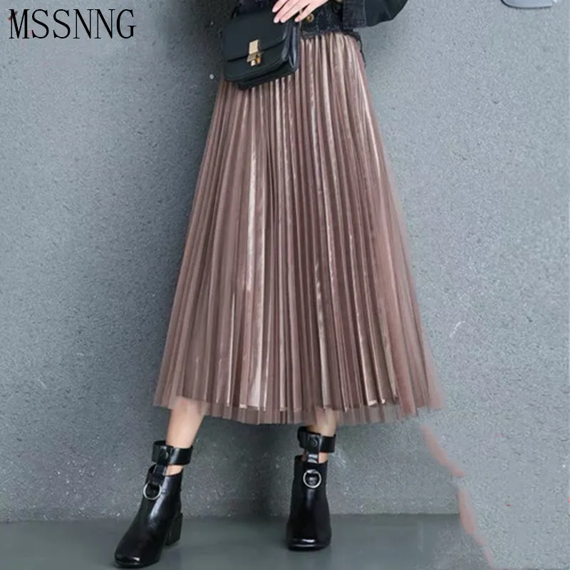 MSSNNG di Estate Ha Pieghettato Caviglia-lunghezza Maxi Pannello Esterno Lungo Delle Donne Dell'annata Metallico Pannello E