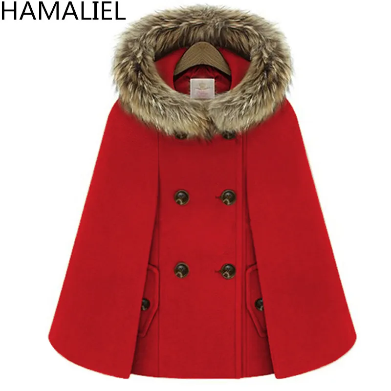 

Autumn Winter Double-Breasted Cloak Cape Woollen Coat Women Red Fur Hooded Tweed Poncho Thick Warm Batwing Sleeve Loose Outwear