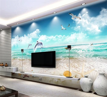 

Custom Any Size Interior Beautification 3D Blue Sky Dolphin Bay Landscape 3D TV Background Wall Silk Mural Wallpaper
