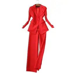 Красный костюм женский осенний Новый Модный женский с длинным рукавом маленький костюм + Прямые брюки костюм женский