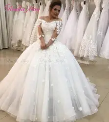 Арабское с открытыми плечами кружевное 3D свадебное платье с цветами 3/4 Длинные рукава плюс размер бальное платье Свадебные платья Vestidos de