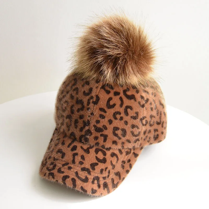 Kids (Faux fur pom) Детские Бейсбольные кепки с леопардовым принтом для мальчиков, помпон из искуственного меха, Детские Зимние головные уборы для девочек - Цвет: Kids (Faux fur pom)