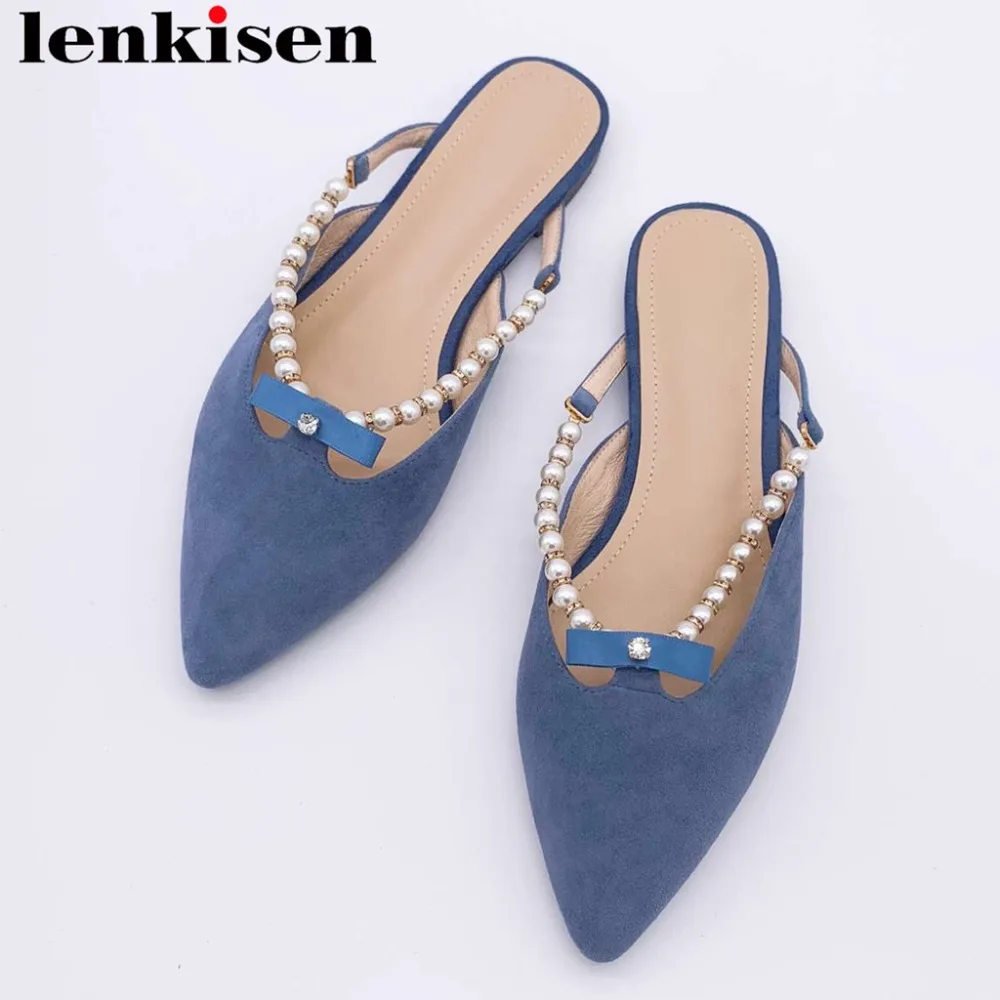 

Lenkisen full grain leather slip on mules pearls beading pointed toe concise style crystals decoration new fashion slippers L65