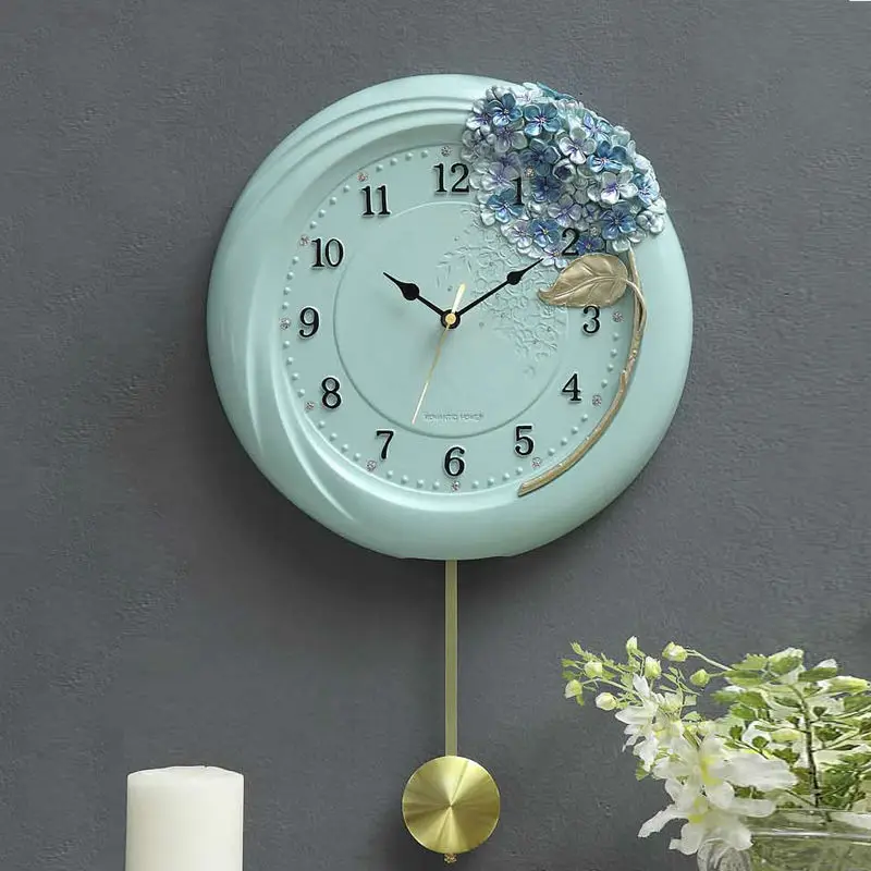 Hydrangea Ajisai Wall Clock with Pendulum ,Silence quartz stopwatch