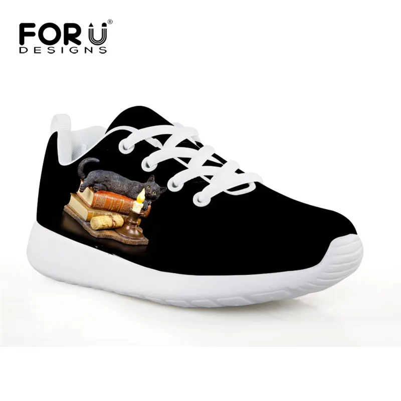 FORUDESIGNS The Witching Hour Witchcraft Black Cat Printing Sneakers for Girls Children Soccer Shoes Breathable Kids Footwear