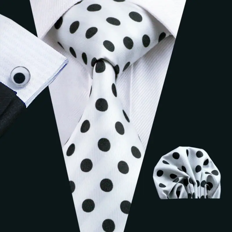 Classic Polka Dot Black White Mens Silk Tie Necktie Cufflink Hanky Set Formal