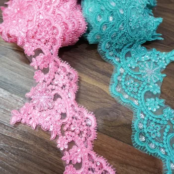

7Colors available apricot pink green blue Purple sequin lace trim wedding embroidered lace colorful 5 yards/lot free shipping