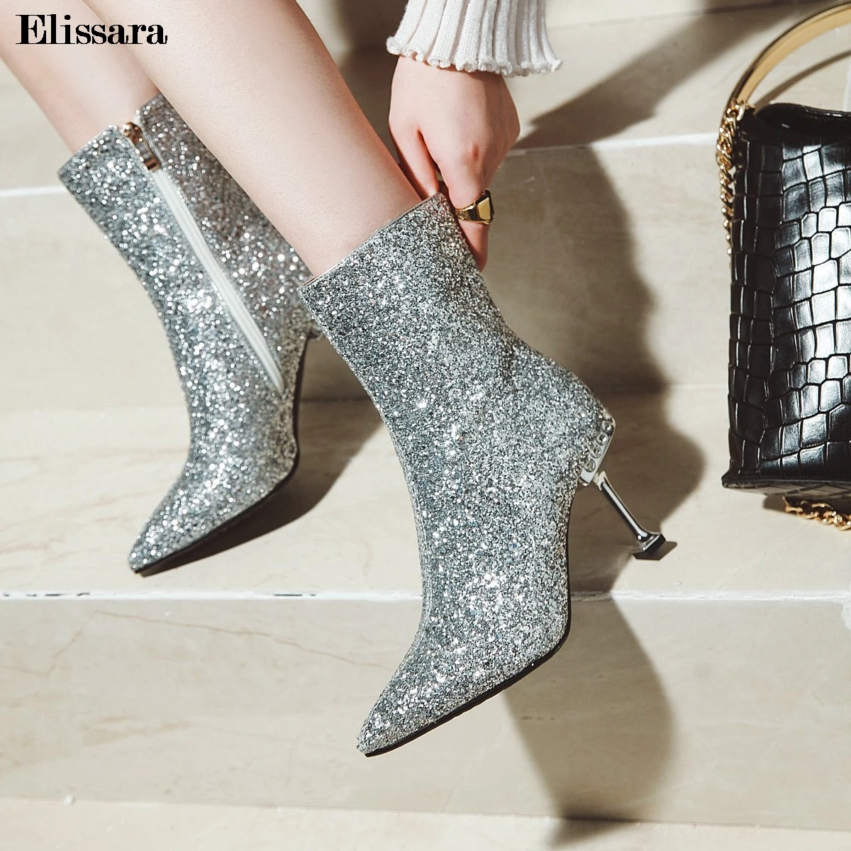 Botines de tacón alto para mujer, zapatos de mujer con brillo, con  cremallera, puntiagudos, botines de fiesta, tallas 33 43, Elissara|Botas  hasta el tobillo| - AliExpress