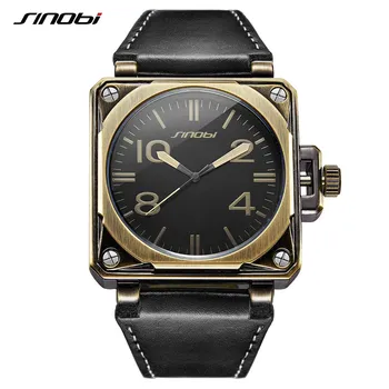 

SINOBI Sport Men Wrist Watches Bronze Case Durable Black Leather Watchband Square Shape Hot Cowboy Style Casual Man Quartz Watch