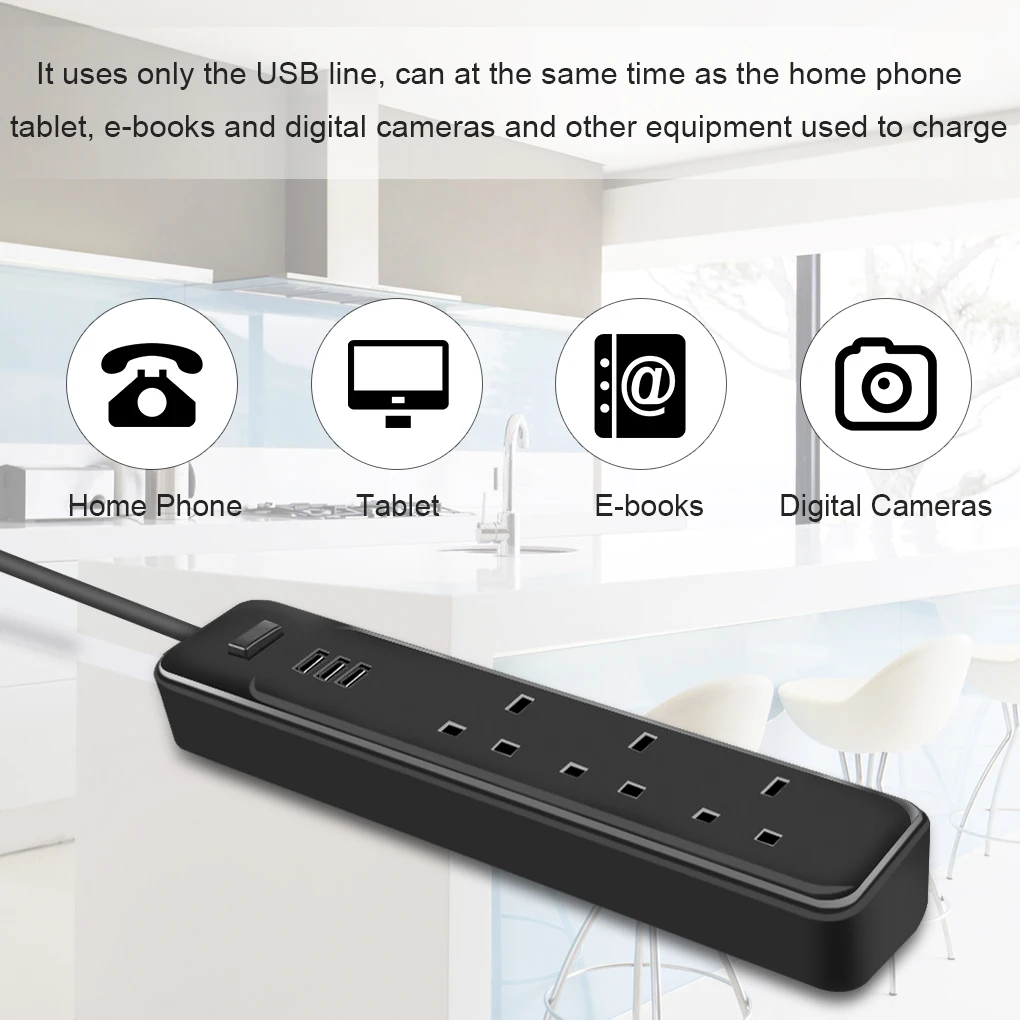 

3 UK Plug Outlets 3 USB Ports Wall Socket Power Strip 250V 10A Extension Outlets Switch Mains Lead Plug Strip Adapter