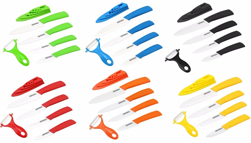 Керамический нож, циркониевый кухонный нож, кухонный набор " 4" " 6" дюймов+ Овощечистка+ крышки, белое лезвие, ABS ручка, нож для очистки овощей, 6 цветов