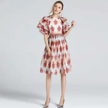 

Women Dress 2019 High Quality Spring Summer Designer Runway O-Neck Butterfly Sleeve Gem Printed Fashion Dresses NP0082