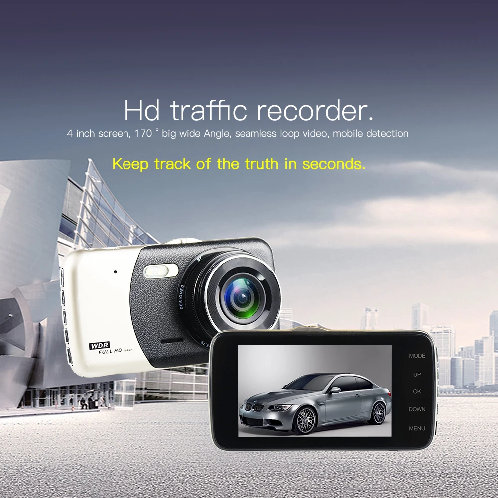 4 дюйма ips Full HD 1080P вождение автомобиля Регистраторы Dashcam Видеорегистраторы для автомобилей вождения Регистраторы 170 градусов Широкий формат с двумя объективами Автомобильный видеорегистратор