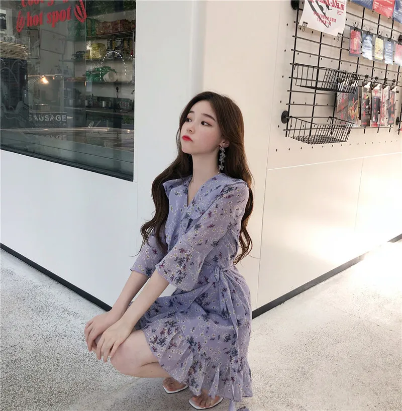 Woherb элегантное шифоновое платье для женщин в Корейском стиле летние платья с оборками винтажный цветочный принт Асимметричная повязка Vestidos 21608