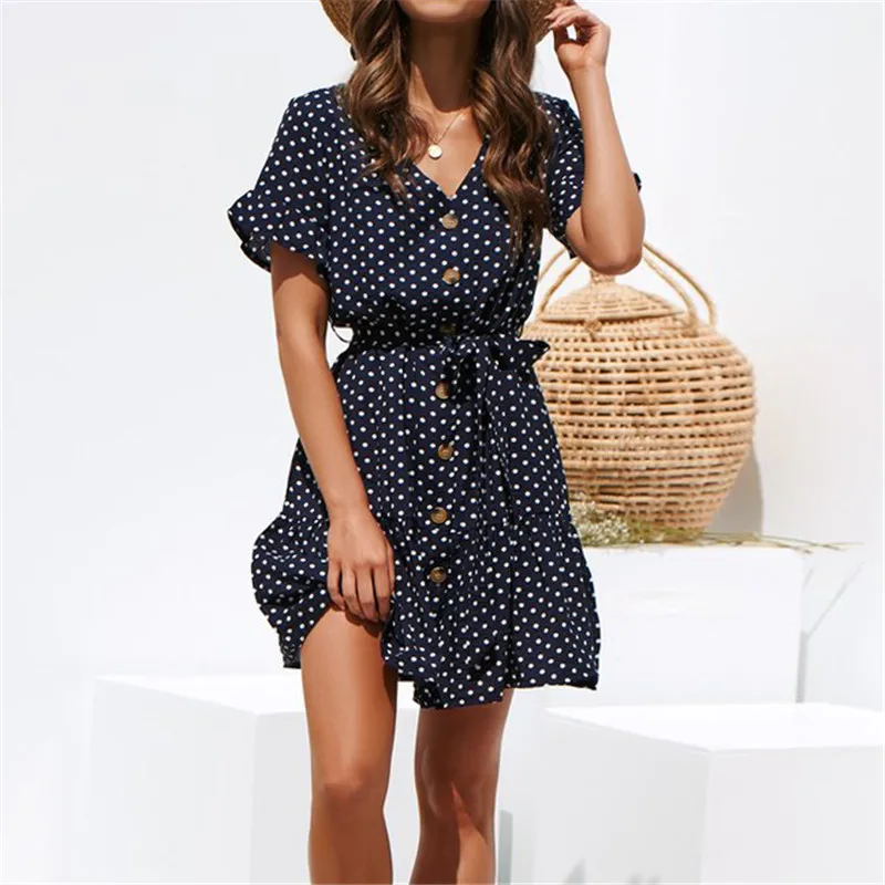 

Vintage Polka Dot Boho Summer Beach Women Chiffon Dress Sexy V Neck Mini Party Dress Short Sleeve Ruffle Button Bandage Dress