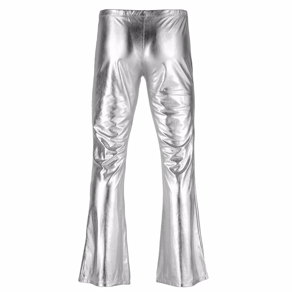 Взрослые мужские модные блестящие металлические голографические брюки с колокольчиком внизу расклешенные диско длинные брюки костюм Dude брюки