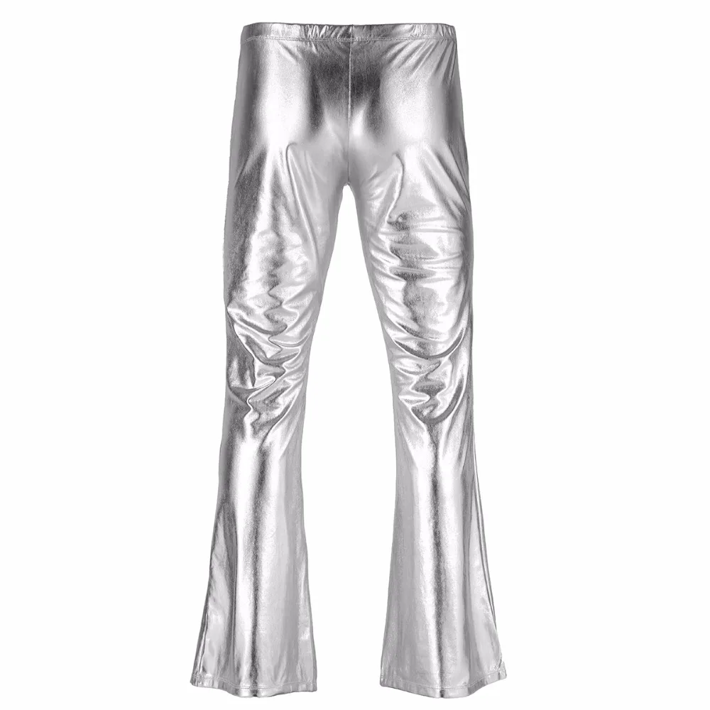 Adult Mens Fashion Shiny Metallic Holographic Pants with Bell Bottom Flared Disco Long Pants Dude Costume Trousers