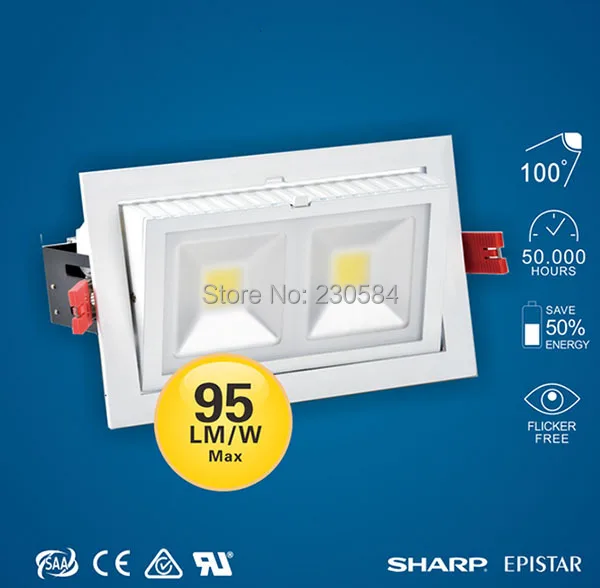 

30w 40w 50w 60w led adjustable downlight, easy turning 60 degree rectangle lighting 5000LM
