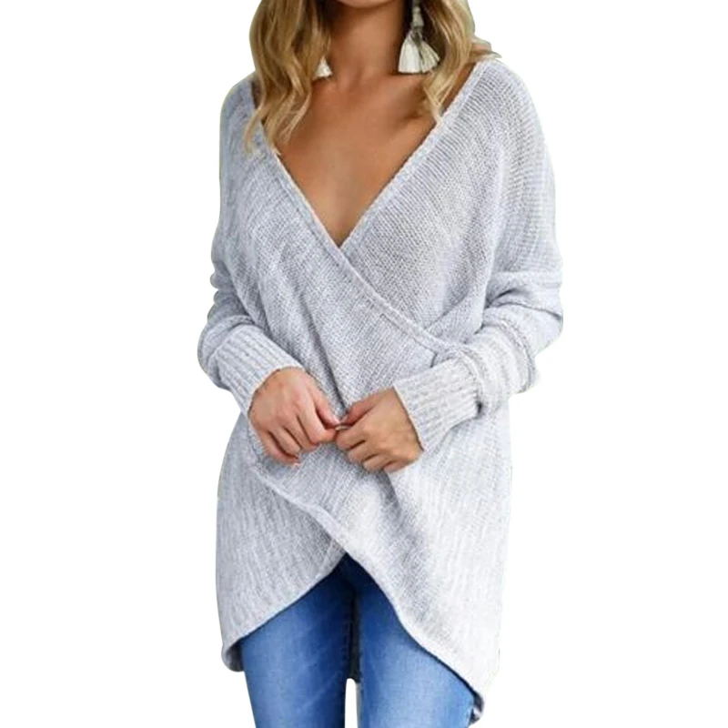 Для женщин пикантные V образным вырезом Нерегулярные трикотажные Свободный пуловер Мода Осень Зима Теплый спереди крест свитер Топы