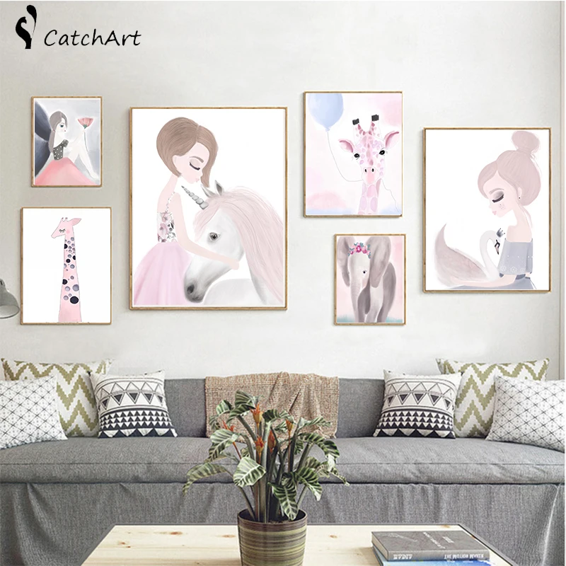 

Nordic Cartoon Pink Unicorn Deer Rabbit Girl Canvas Painting No Frame Poster And Print Wall Pictures For Kids Room Home Decor