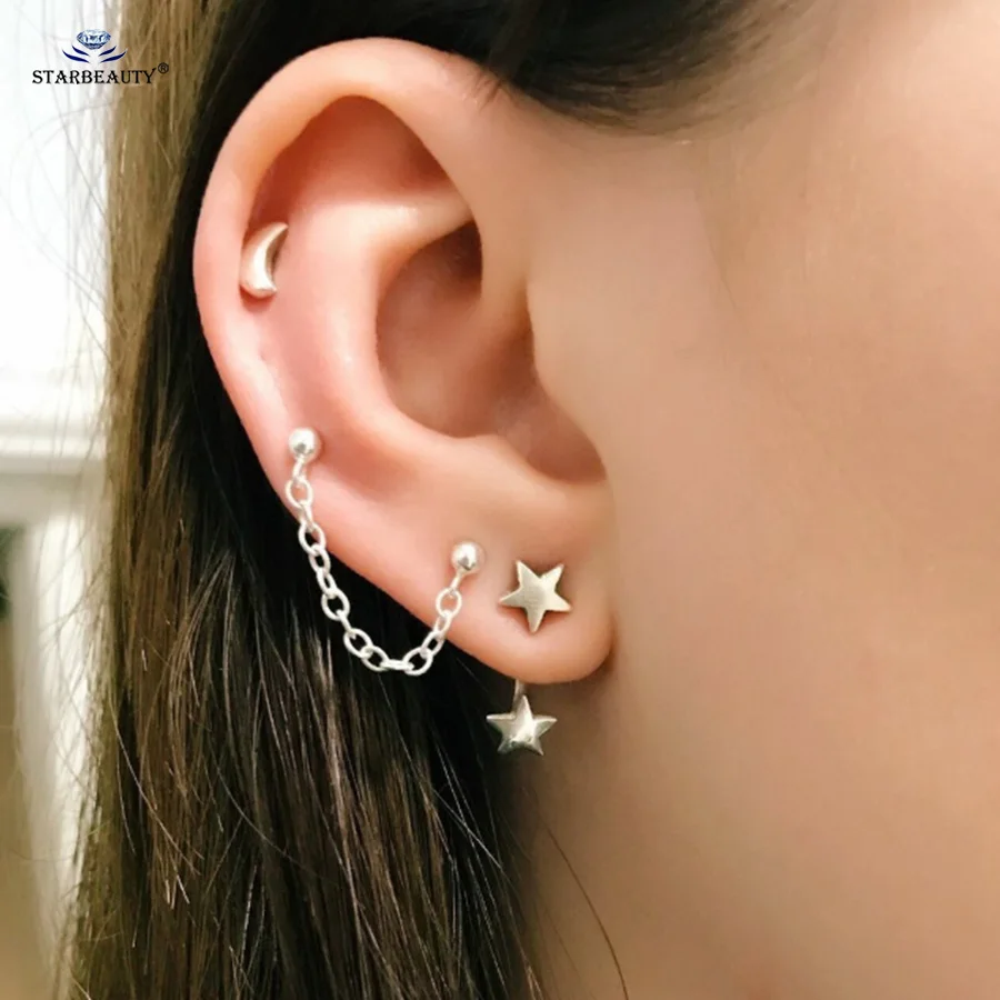 

Starbeauty 3 pcs/lot New Silver Color Star Tassel Ear Piercing Jewelry Fake Piercing Faux Piercing oreille Fake Earrings set