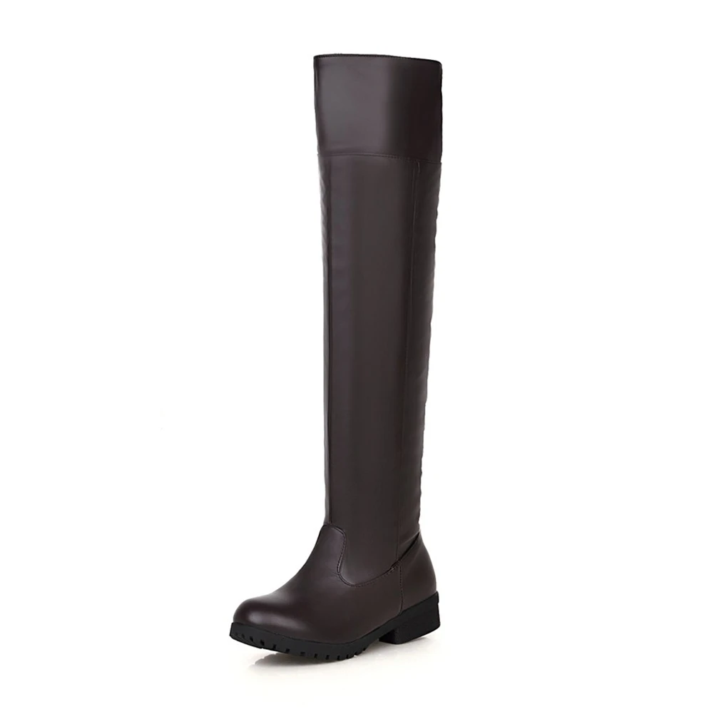 BONJOMARISA/ г. Зимние пикантные ботфорты выше колена размера плюс 34-48, Стрейчевые сапоги женская повседневная обувь на низком каблуке с теплым мехом - Цвет: brown thin fur