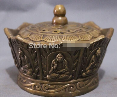 

Fast shipping Chinese Bronze Buddhism Amitayus Buddha Statue Lotus Crown Incense Burner Censer