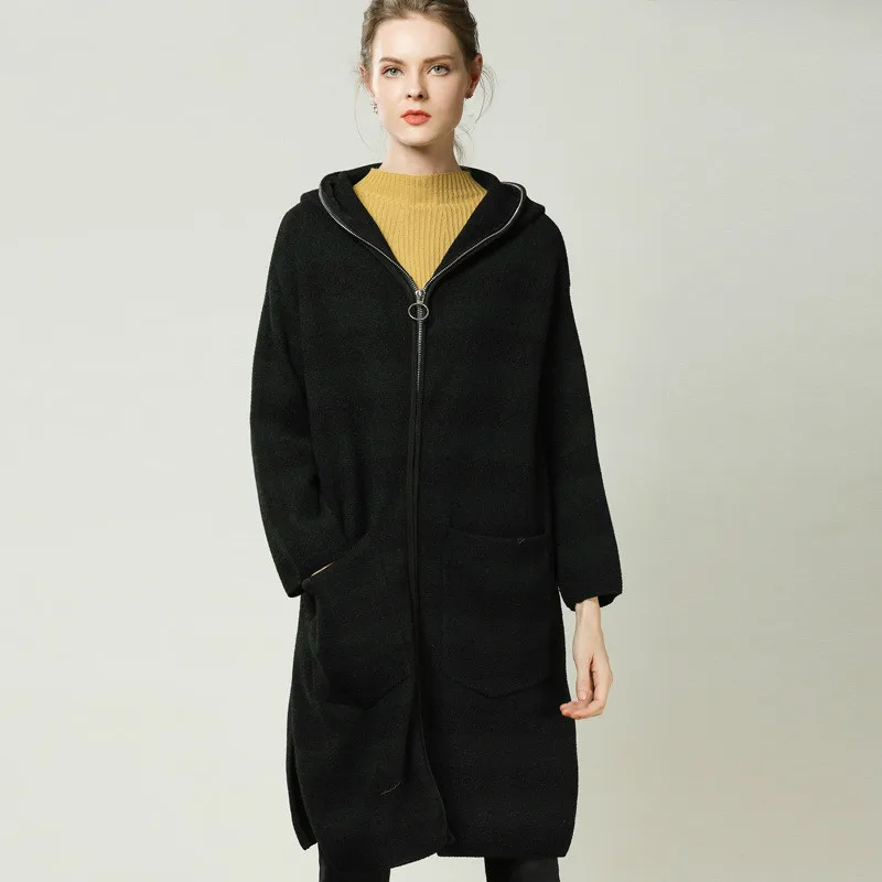 European style fashion winter long thick sweater women coat hooded